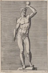 Apollon, statue du dieu nu debout sur un socle, portant une couronne et tenant un..., 1586
