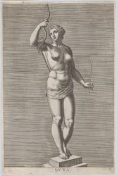 Diane, statue de la déesse nue debout sur un socle, portant un croissant de lune, 1586