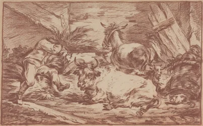 Animaux dans une étable (craie rouge sur papier vergé)