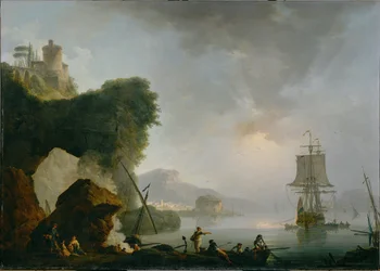 Paysage marin avec soleil couchant (peinture sur toile)