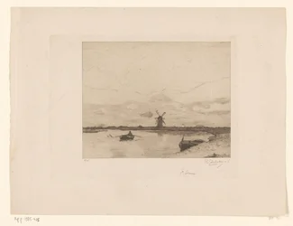 Canal avec barque dans un paysage de prairie avec moulin