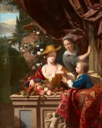 Figures élégantes sur une terrasse avec bol de fruits assortis
