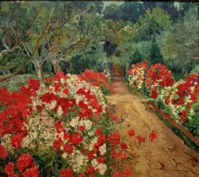 Chemin de jardin avec parterre de phlox