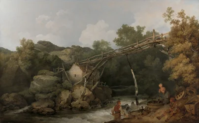 Vue près de Matlock, Derbyshire avec des figures travaillant sous un convoyeur en bois