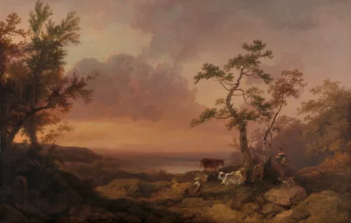 Paysage avec bétail et paysan