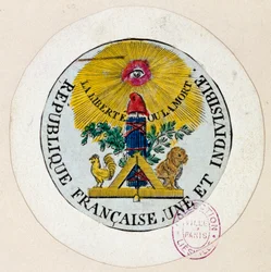Révolution française : sceau décoré de symboles de la République et de la franc-maçonnerie. Gravure de Philippe Auguste Hennequin (1762-1833), 1792. Paris, musée Carnavalet