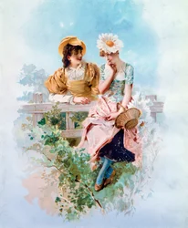 Confidence Deux jeunes filles chuchotant des secrets. Lithographie de Philippe Jacques Linder (1835-?) 19ème siècle Collection privée