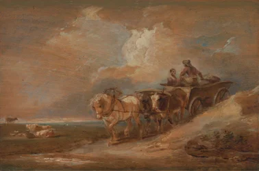 Paysage avec charrette à cheval et bœufs