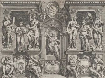 Thèse allégorique avec diverses figures, dans une structure architecturale, 1608