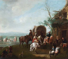 Voyageurs devant une auberge avec un homme sur un cheval blanc cabré (huile sur métal)