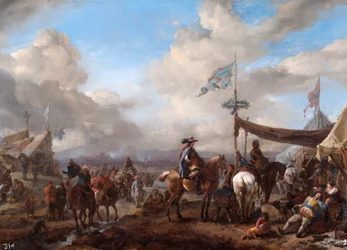 Scène de camp avec clairon et échoppe de maréchal-ferrant (XVIIe siècle)