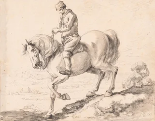 Un cavalier traverse un ruisseau avec son cheval
