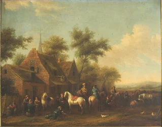 Paysage avec cavaliers se reposant devant une auberge