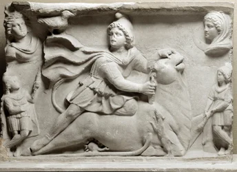 Civilisation phénicienne : scène de sacrifice représentant la divinité Mithra, qui tue le taureau. IIe ou IIIe siècle apr. J.-C. Relief en marbre. Paris, musée du Louvre
