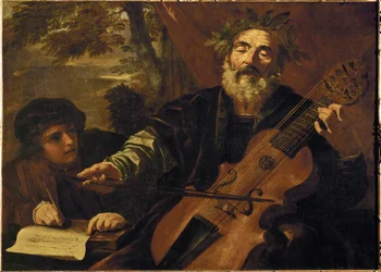 Le poète Homère, avec une lyre de gambe, instrument utilisé pour accompagner les ballades dans le (peinture sur toile)