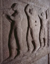 Musiciens, détail de la stèle funéraire de Pontassieve, Toscane, Italie, civilisation étrusque, 5ème siècle avant J.-C.