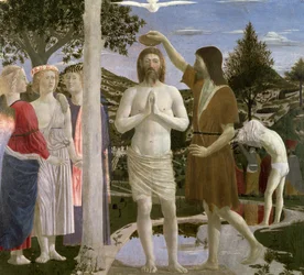 Baptême du Christ (détail du Christ, de Jean-Baptiste et des anges, 1450)