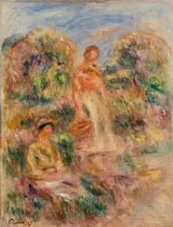 Une femme debout et une femme assise dans un paysage