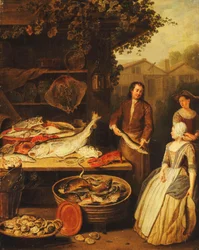 Un poissonnier montrant un brochet à une servante, 1727