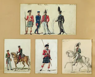 Les uniformes des soldats écossais et des officiers prussiens, anglais, hanovriens et russes en 1814