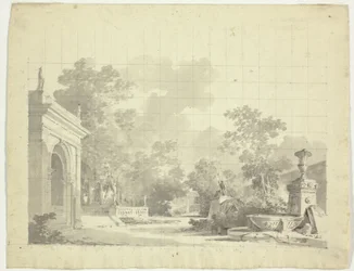 Vue du parc de Versailles : Entrée voûtée d