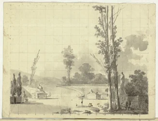 Vue du parc de Versailles : Escalier et deux peupliers