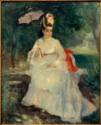Femme avec parasol dans le jardin