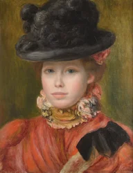 Jeune fille au chapeau noir avec des fleurs rouges, vers 1890