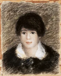 Jeune femme, vue du visage avec une robe noire et un col blanc. Dessin de Pierre-Auguste Renoir (1841-1919)