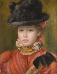 Jeune fille au chapeau noir et fleurs rouges, par Pierre Auguste Renoir (1841-1919), vers 1890 - Collection privée
