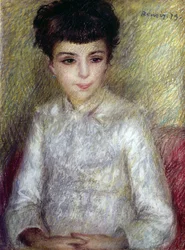 Jeune fille brune assise, les mains croisées