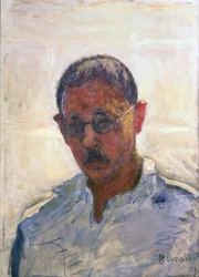 Autoportrait sur fond blanc avec chemise à col ouvert