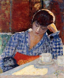 Femme appuyée sur son coude avec un chien et une nature morte