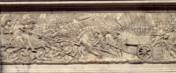 La bataille de Marignan en 1515. Tombeau du cœur du roi de France François Ier (1494-1547) : bas-relief de Pierre Bontemps (vers 1507-1568)