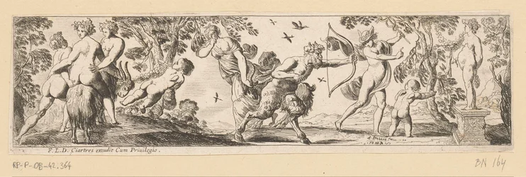 Satyre tirant une flèche sur une statue de Bacchus tandis que Mercure regarde