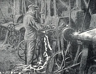 Industrie du cuir : tonte mécanique des fourrures, Gravure de "Excursion à travers les métiers" par Pierre Calmette