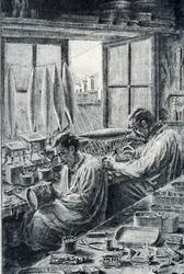 Ouvriers parisiens fabriquant des jouets gravure de Pierre Calmette Collection privée