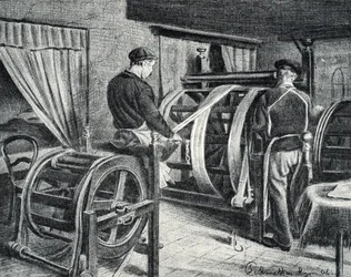 Travail de la soie: déroulage de la soie gravure de « Excursion à travers les métiers » par Pierre Calmette Collection privée