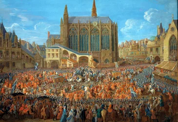 Le roi Louis XV (1710-1774) quittant le lit de justice tenu au Palais de Justice de Paris le 12/09/1715. La Sainte Chapelle est visible. Peinture à la gouache de Pierre Denis Martin (1663-1742) 1715. Paris, Musée Carnavalet