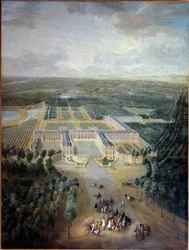 Vue en perspective du château et des jardins de Trianon : promenade du roi Louis XV à cheval