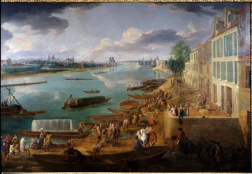 Vue de Paris, prise du quai de la Rapée en 1716 (détail des bateaux sur la Seine et des activités). Peinture par Pierre Denis Martin. Paris, Musée Carnavalet