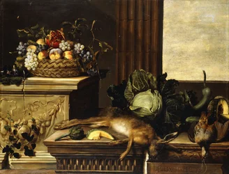 Fruits dans un panier en osier avec des figues sur un socle, gibier mort, un chou, un melon, une gourde et un artichaut sur un rebord de pierre, une fenêtre au-delà