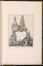 Cartouche avec trophées, une statue et une pyramide