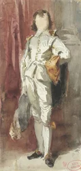 Garçon debout en costume de Van Dyck, contre un rideau rouge