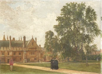 Dans les jardins du Magdalen College, avec des portraits des membres de Magdalen : Révérend T. H. T. Hopkins, Révérend H. R. Bramley, Révérend J. Rigaud et Révérend H. F. Garnsey, 1882