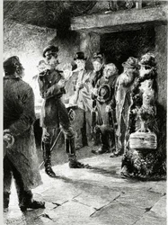 Un officier allemand demande Boule de suif en échange de la liberté de tous les passagers arrêtés dans la diligence. Dans « Boule de suif » de Guy de Maupassant (1850-1893). Illustration de P. G. Jeanniot (1848-1934). Publié chez Ollendorff