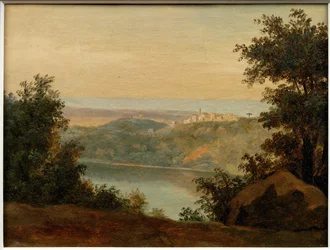 Le Lac de Nemi;au loin la ville de Genzano …