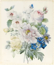 Un bouquet de fleurs comprenant une pivoine, des roses, de l