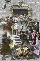 Socinianisme et Petite Église Polonaise : les habitants de Cracovie brûlent les œuvres de Faustus Socinus (Faust Socin ou Fausto Sozzini) (1539-1604) sur la place publique l