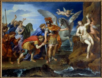 Persée délivrant Andromède. Enchaînée à un rocher, Andromède est délivrée par Persée et sauvée du monstre marin. XVIIe siècle